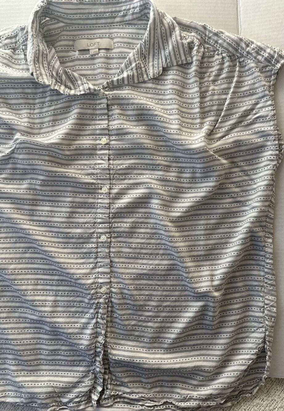 LOFT Women’s Large Gray White Stich Lanes Blouse Long Sleeve Full Front Button